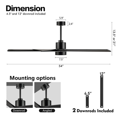 WINGBO 54" DC Ceiling Fan with Lights, 5 Carved Solid Wood Blades, 6-Speed Reversible DC Motor, Matte Black Finish Ceiling Fan with Remote, Black