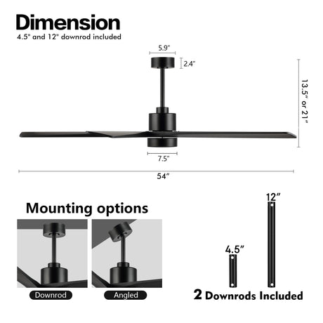 WINGBO 54" DC Ceiling Fan with Lights, 5 Carved Solid Wood Blades, 6-Speed Reversible DC Motor, Matte Black Finish Ceiling Fan with Remote, Black WINGBO