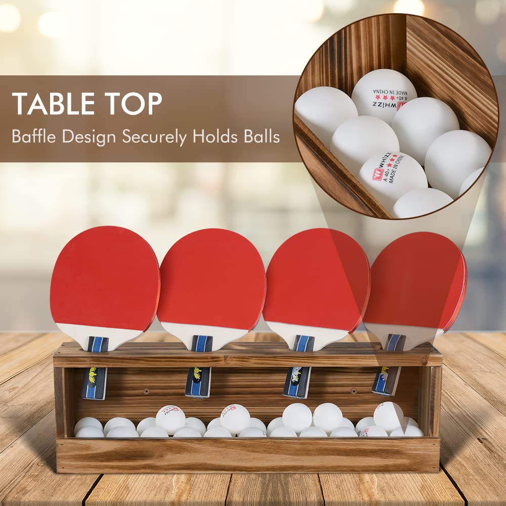 Ping Pong Paddle Storage Rack Table Tennis Racket Display Wall Mounted Holder for 4 Paddles and Balls Storage in Bar Room, Game Room, Office Break Room, Garage, Bedroom, Home, Rustic Burnt Sunix