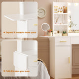 ERLEJIA Vanity Desk with Mirror and Lights & Extral Foldable Desk, 35.43"-43.3" Makeup Vanity Table with Stool and Plug Strip, 5 Drawers and and Open Shelves Dressing Table for Bedroom, White ERLEJIA