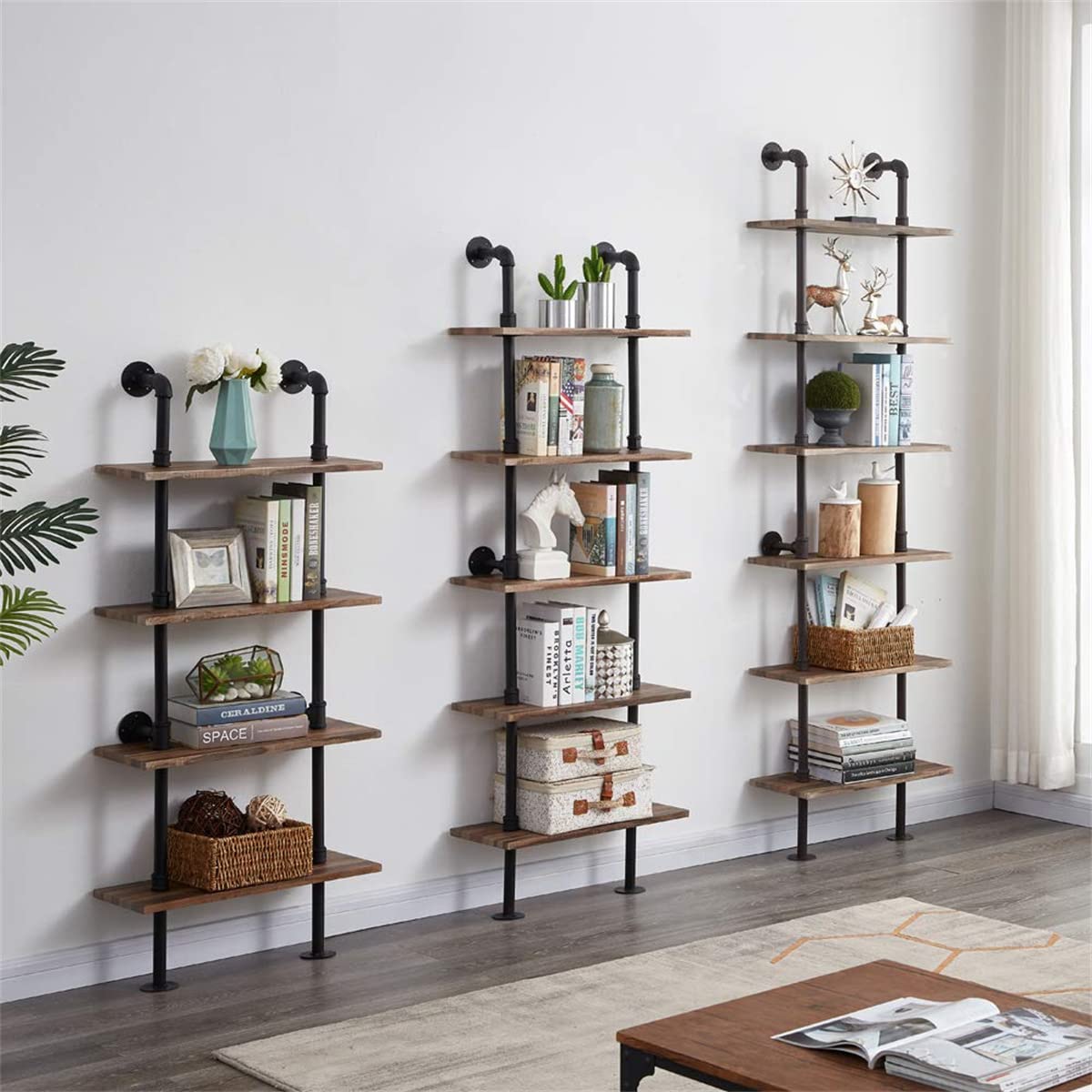 HOMBAZAAR Industrial 6-Tier Wall Mounted Bookshelf with Metal Frame in Oak Brown - WoodArtSupply