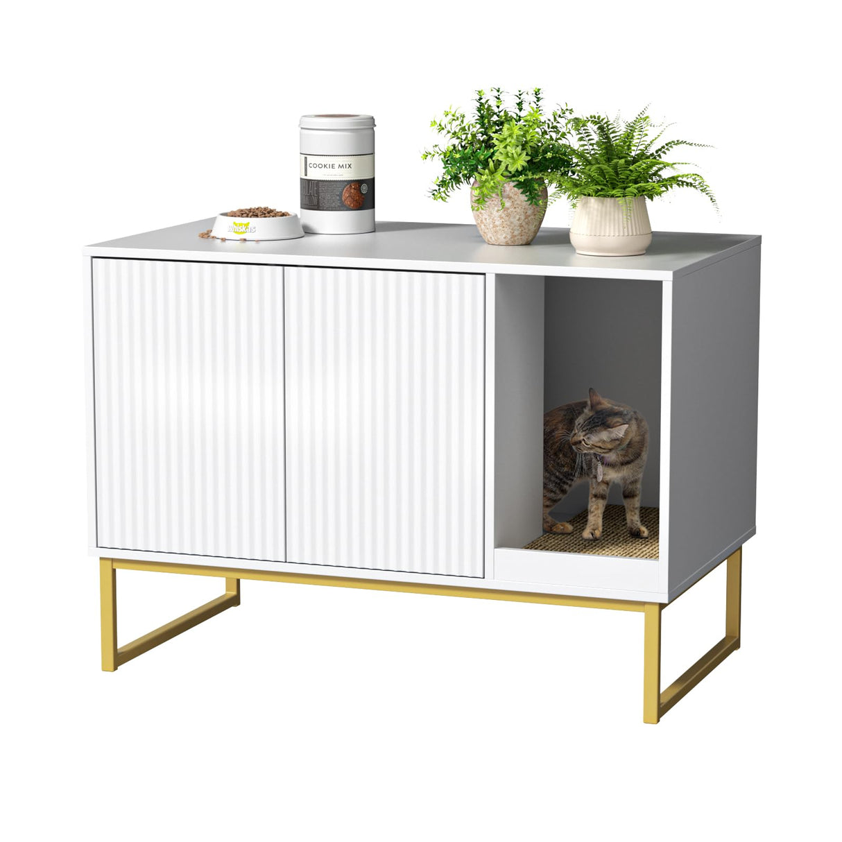 Cat Litter Box Enclosure, Fluted Hidden Litter Box Furniture with Scratch Pad and Metal Legs, Modern Enclosed Cat Cabinet, 31.5 x 17.7 x 21.7 Inches Indoor Pet House for Living Room, Washroom, White FiveWillowise