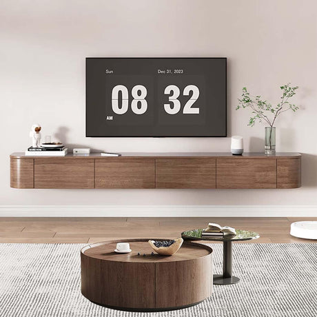 Ribanedy Solid Wood Modern Floating TV Stand with LED Lighting | Wall-Mounted Entertainment Console with Flip-Top Doors | TV Bench for Living Room & Office (Brown, 86.6'') Ribanedy