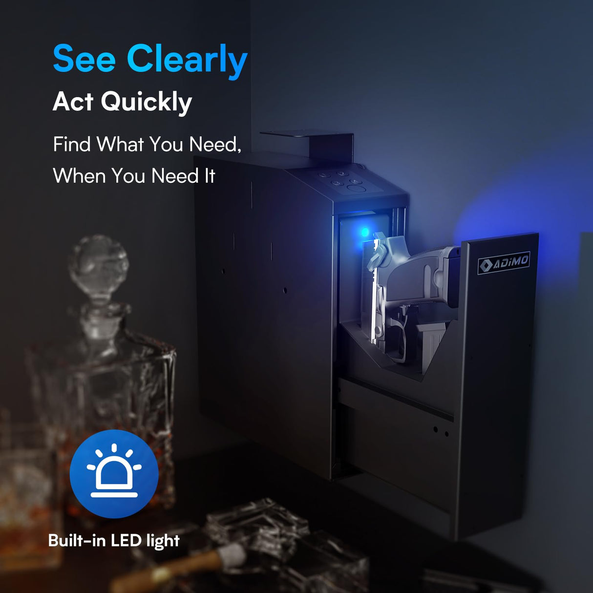 Gun Safe, Slider Biometric Gun Safe for Handgun Supports 3 Quickly Access Ways, Fingerprint, PIN Code and Key, Pistol Safe for Car, Truck, Desk, Bedside Handgun Safe ADIMO