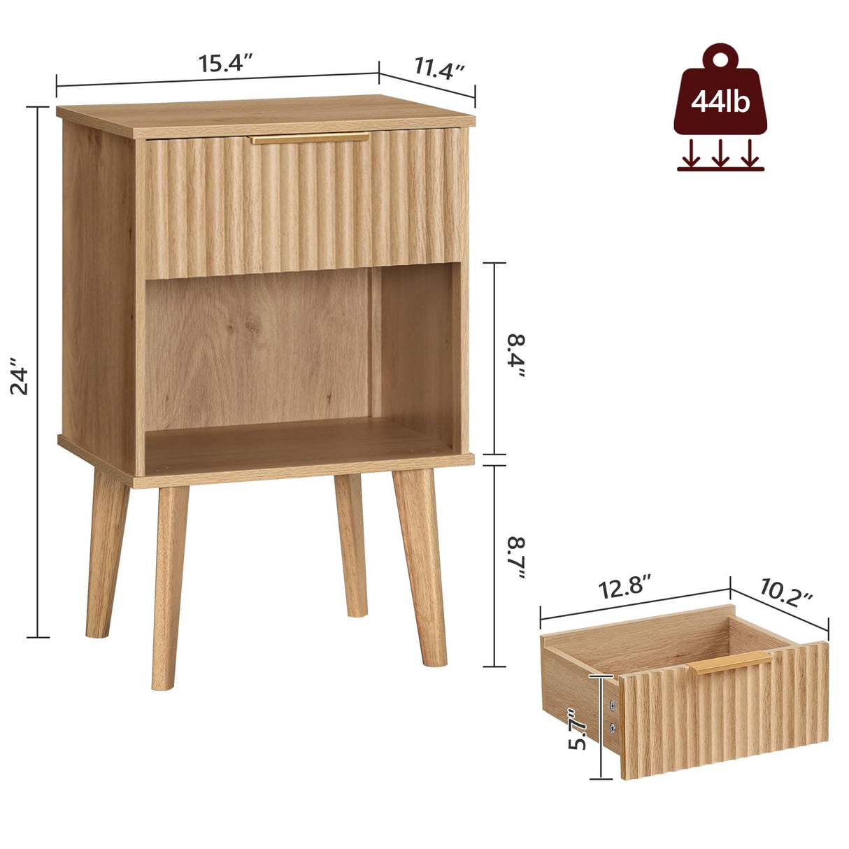 MAHANCRIS End Table, Fluted Night Stand, Modern Side Table, Bedside Table with 1 Drawer and 1 Open Compartment, Mid Century Nightstand, for Living Room, Bedroom, Study, Office, Natural ETNA6201 MAHANCRIS