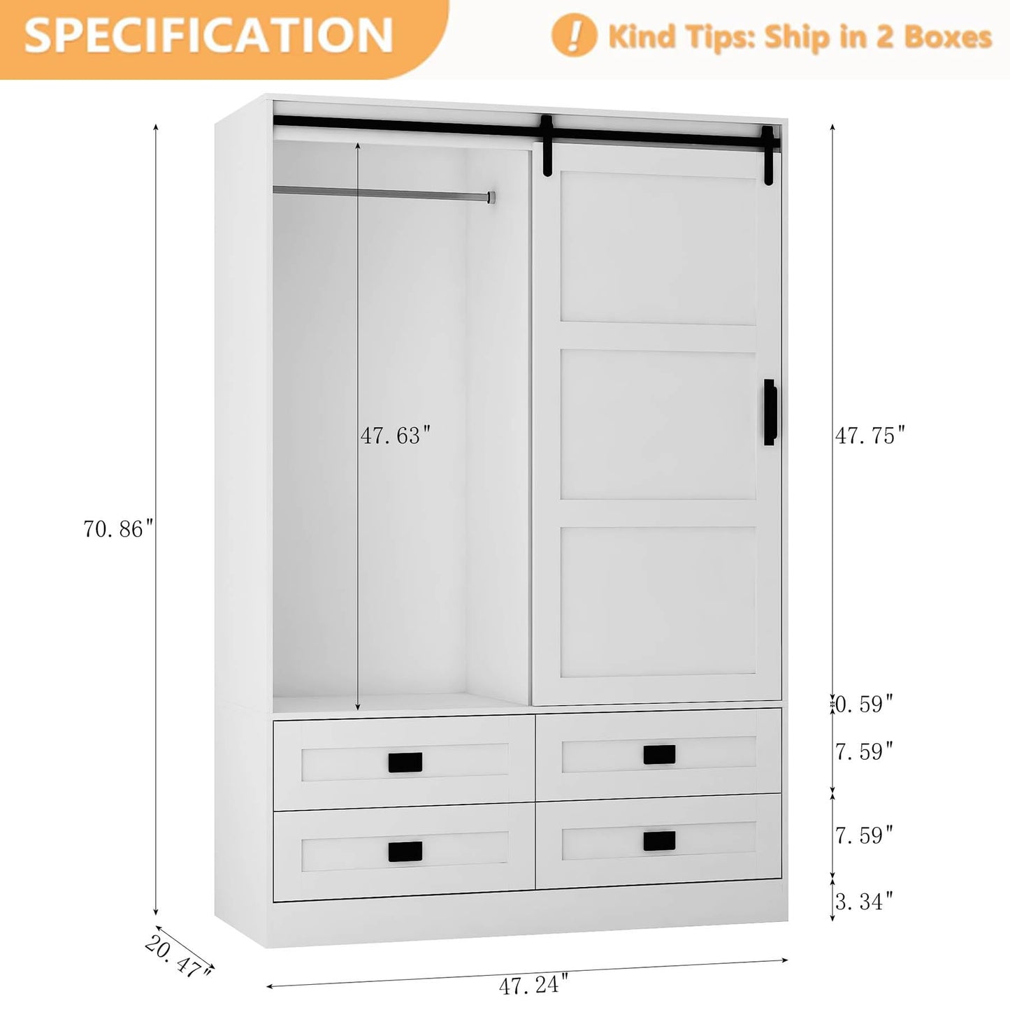 Wardrobe Closet with Doors, 71" Tall Bedroom Armoire, Wooden Closet with Doors and Drawer, Large Capacity Freestanding Wardrobe Closet with Hanging Rod and Shelves, Anti-Dumping Design, White