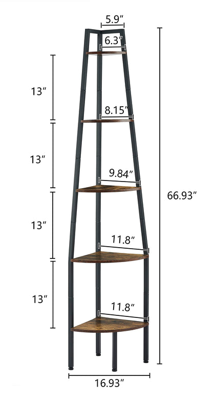 Hoctieon 5-Tier Industrial Corner Shelf - Rustic Brown Ladder Bookcase for Small Spaces - WoodArtSupply