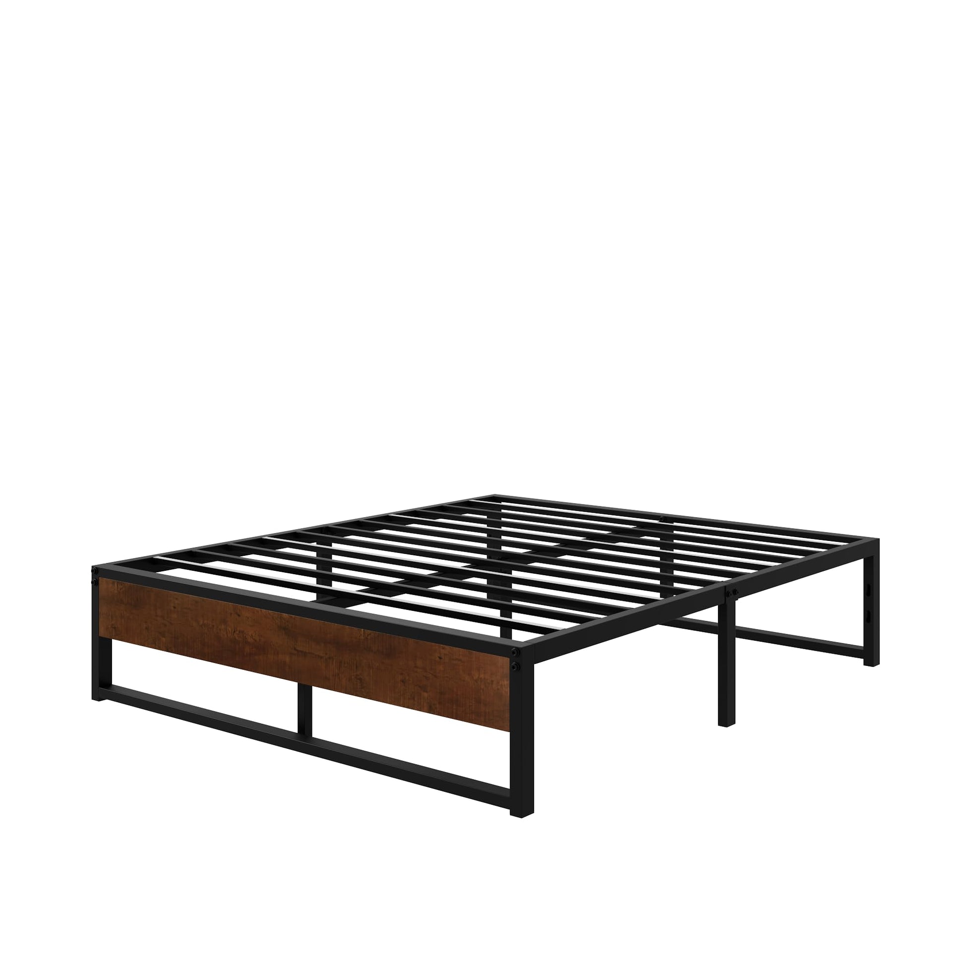 SHA CERLIN 14'' Queen Size Metal Platform Bed Frame with Rustic Wood & Ample Under-Bed Storage Solution - WoodArtSupply