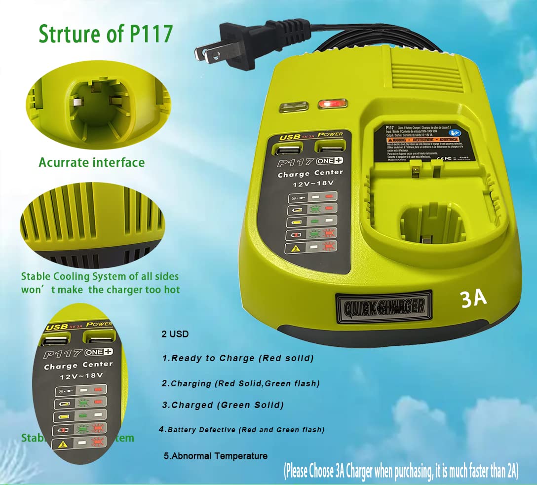 Anopiw Replace ryobi 18v battery charger P117 P118 P119 Dual Chemistry to Charge Ryobi Battery Lithium ion & Ni-cad Ni-Mh 12V 14.4V 18V such as P100 P102 P102 P105 P107 P108… ANOPIW