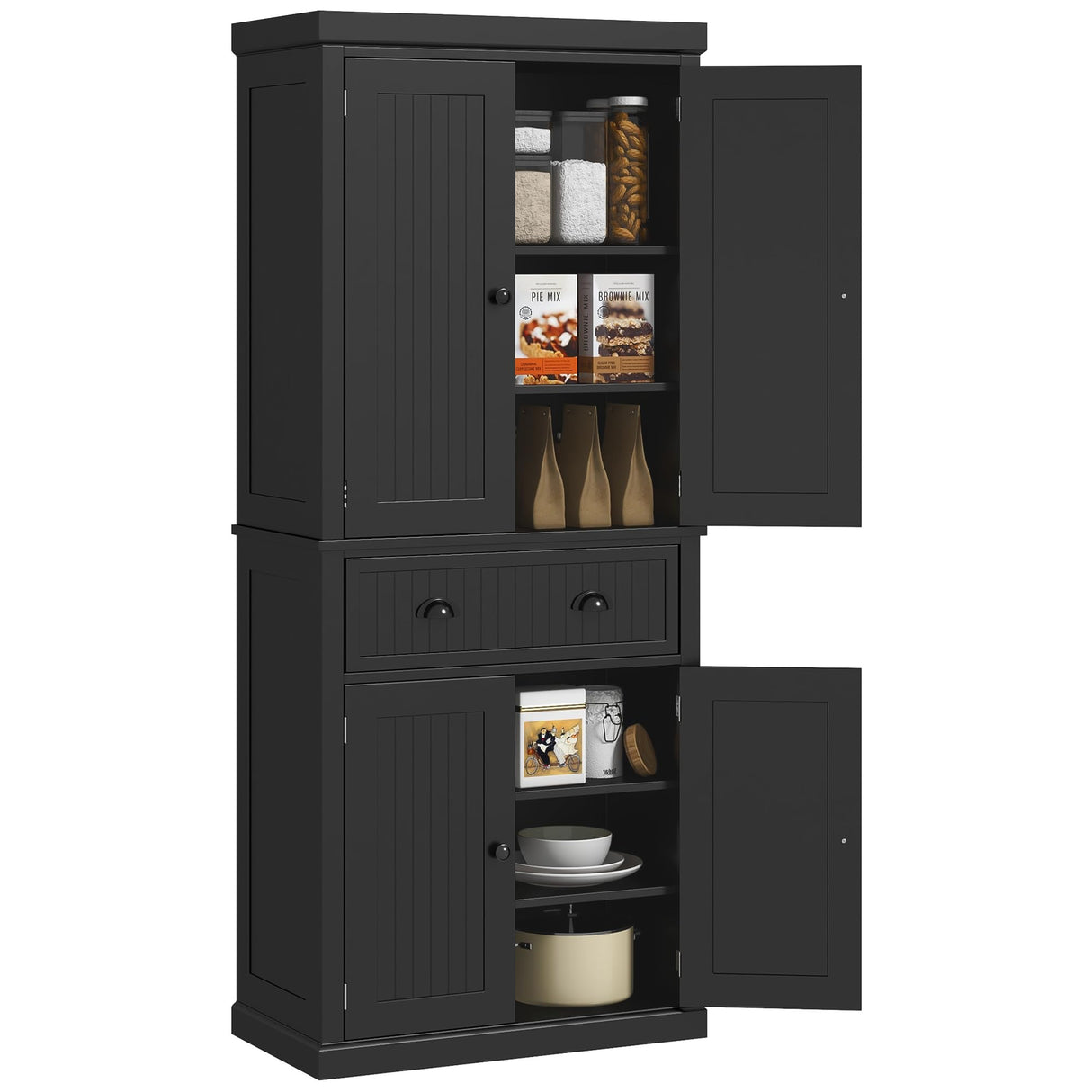 HOMCOM 72" Kitchen Pantry Storage Cabinet, Traditional Freestanding with 4 Doors and 3 Adjustable Shelves, Large Central Drawer, Beadboard,Black HOMCOM