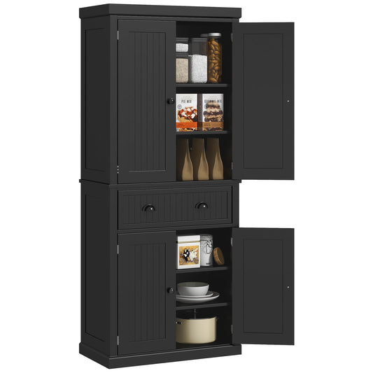 HOMCOM 72" Kitchen Pantry Storage Cabinet, Traditional Freestanding with 4 Doors and 3 Adjustable Shelves, Large Central Drawer, Beadboard,Black - WoodArtSupply