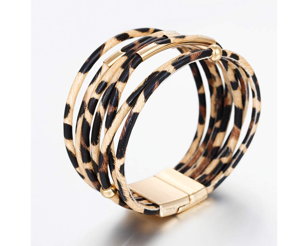 Fesciory Leather Wrap Bracelets for Women, Boho Leopard Multi-Layer Crystal Beads Cuff Bracelet Jewelry (Brown Leopard) Fesciory