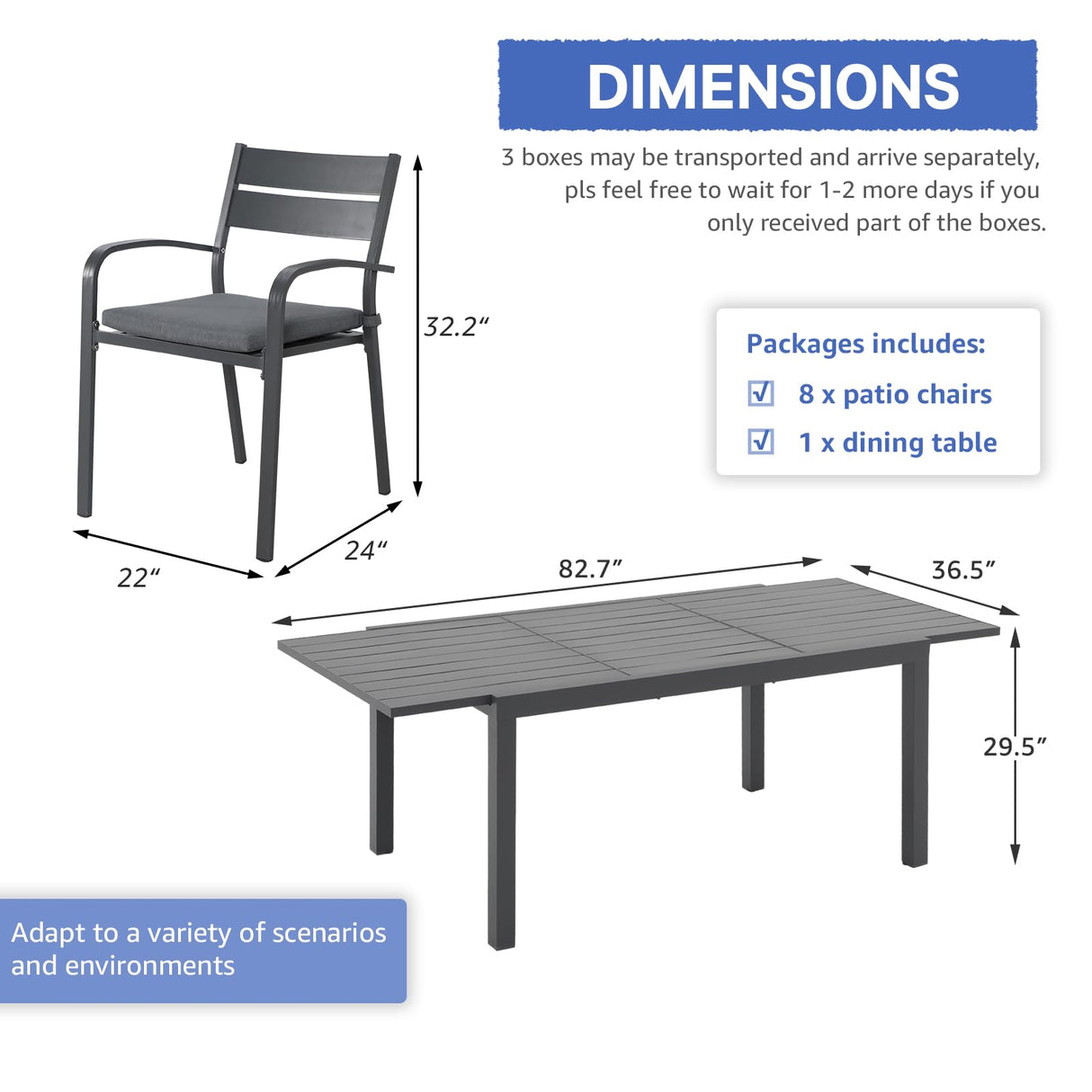 Soleil Jardin 9-Piece Outdoor Patio Dining Set, 59" - 83" Aluminum Expandable Outdoor Dining Table Set for 8, 8 Stackable Chairs with Gray Removable Cushions, Dark-Grey Soleil Jardin