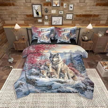 Wolf Family Comforter Set King Size 7 Pieces,Animal Wolves Printed Bed Set for Boys Kids,Wildlife Bedding Bed in a Bag,King (1 Comforter,2 Pillowcase,2 Pillow Covers,1 Flat Sheet,1 Fitted Sheet) Castle Fairy