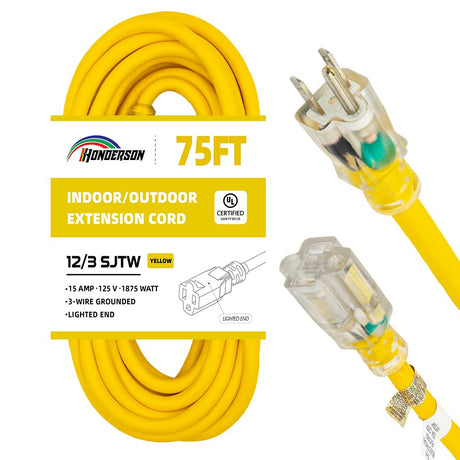 HONDERSON Indoor Outdoor Extension Cord Weatherproof with Lighted End, UL Listed, 12 Gauge 75FT Yellow 3 Prong Heavy Duty Extension Cord, 12/3 SJTW 15A Power Extension Cord for Outdoor Lights, Lawn HONDERSON