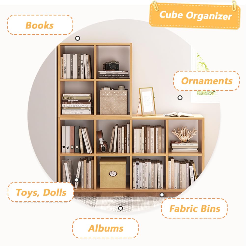 NELYE 4 Cube Organizer Bookcase - Fabric Storage Bins Container, Open Shelf Simple Compartments Bookshelf, Oak NELYE