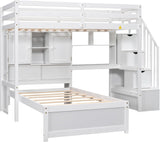 Virubi Twin Over Twin L-Shaped Bunk Bed with Desk and Storage Staircase, Wood L-Shaped Loft Bed with Desk and Storage Bookcase Shelves for Kids Boys Girls (White) Virubi