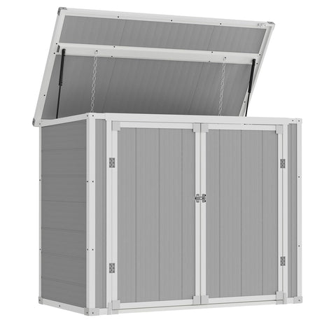 Amopatio 41 Cu Ft Outdoor Storage Shed, Horizontal Resin Trash Can Storage, Weather Resistance, Storage Box with Floor Included for Garden Tools, Lawn Mowers, Garbage Cans, Patio Use, Sandstone Amopatio