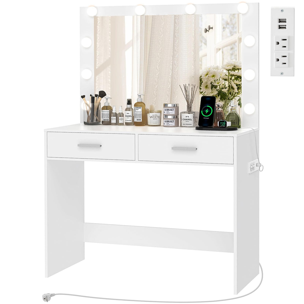 usikey Vanity Desk with Large Lighted Mirror, Makeup Vanity with 10 Lights, 2 Drawers & Power Strip, Vanity Desk Set, Dressing Vanity Tables for Women Girls, Bedroom, White usikey