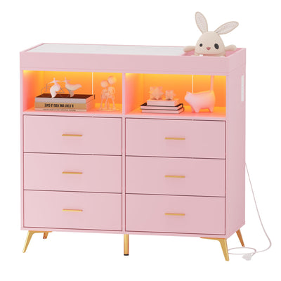 Patikuin Dresser for Bedroom with LED Lights and Power Outlet, Baby Changing Table Dresser with 6 Drawers, 2 Open Storage Shelves, Baby Dresser with Changing Table Top, Pink