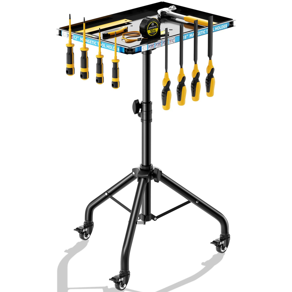 Rolling Tool Cart with Magnetic Strip, Mobile Work Table Rolling Tool Tray with Wheels Height Adjustable Tool Table Rolling Utility Cart Mechanic Cart Tool Storage Organizer for Garage, Bike Work Shop Gaoymsym