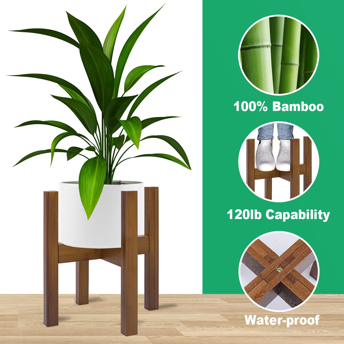 Rnined Adjustable Plant Stand Indoor,Bamboo Mid Century Modern Plants Stands, Stable Plant Holder,Fit 8 9 10 11 12 inch Pots (Pot & Plant Not Included) Rnined