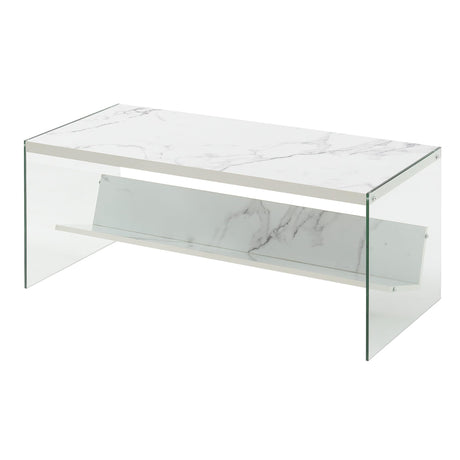 Convenience Concepts SoHo Glass Modern Living Storage Shelf, Contemporary Coffee Table for Family Room, 40", Faux White Marble Convenience Concepts