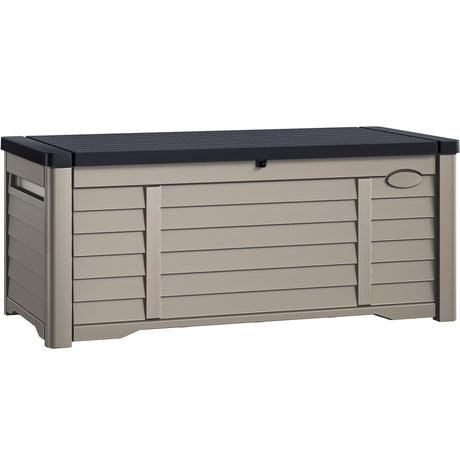 DWVO Large Deck Box 120 Gallon Waterproof Outdoor Storage Box, Extra Large Outdoor Storage Bin, Resin Louvered Patio Storage for Outdoor Pillows, Garden Tools & Pool Supplies, Lockable, Black&Brown DWVO