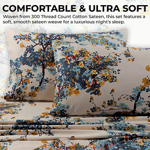 Tribeca Living Deep Pocket Queen Size Sheet Set - 300 Thread Count Cotton Sateen Sheets with 22-Inch Extra Deep Pockets, Oeko-Tex Certified, 4 Bedding Set in Casablanca Multi Print Tribeca Living