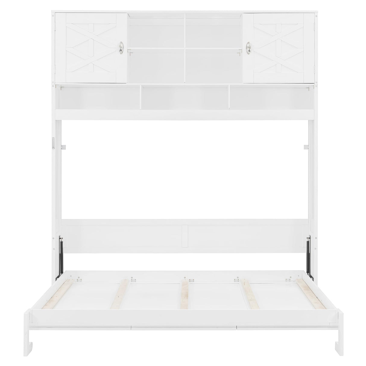 Merax Queen Size Murphy Bed Wall Bed with Top Cabinets and Shelves, Space-Saving Design Foldable Platform Bed Frame, Multifunctional Bed for Bedroom, Guest Room, Home Office, White (Diamond Stripes) Merax