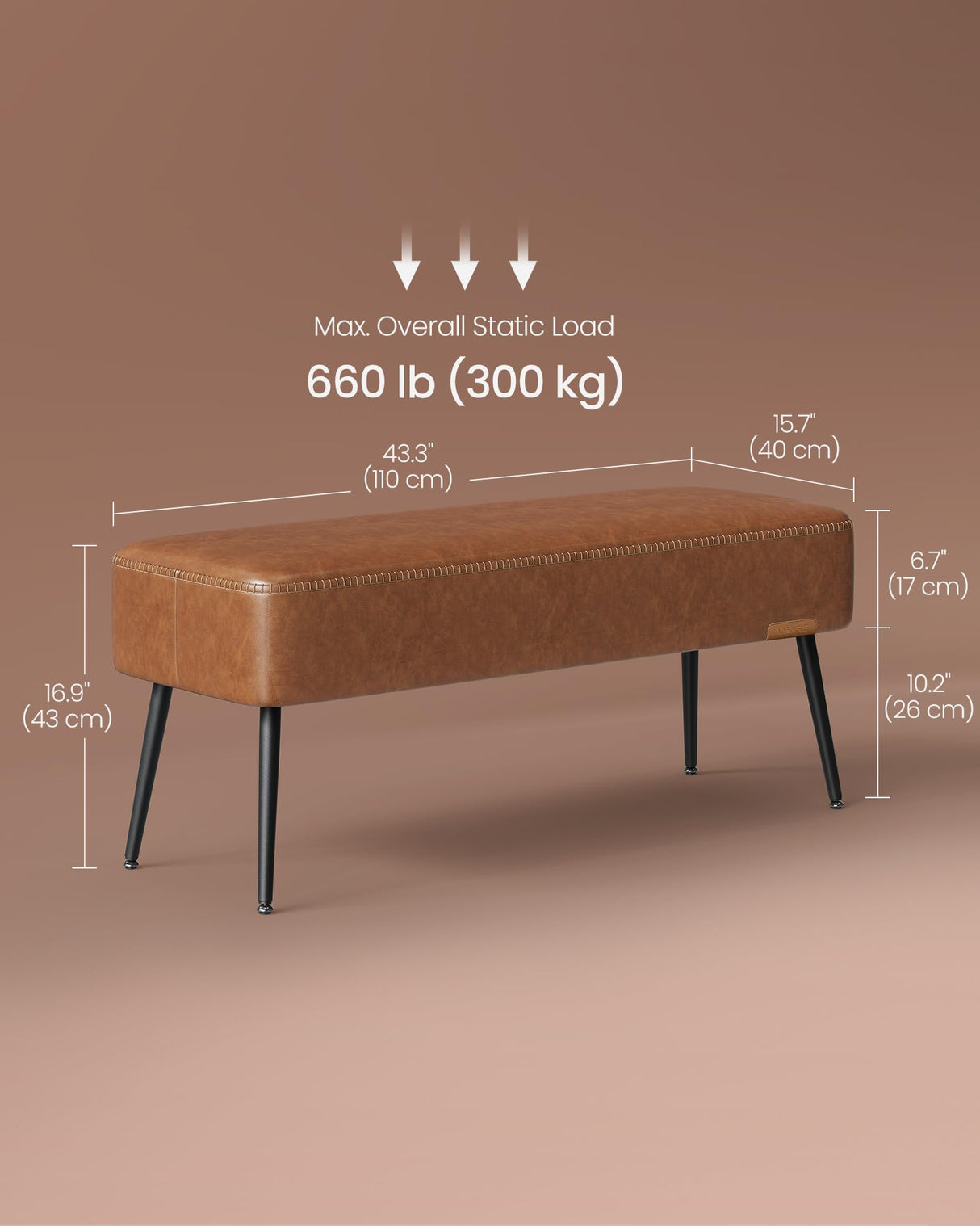 VASAGLE EKHO Collection - Bench for Entryway Bedroom, Synthetic Leather with Stitching, Ottoman Bench with Steel Legs, Living Dining Room, Mid-Century Modern, Loads 660 lb, Caramel Brown ULOM076K01 VASAGLE