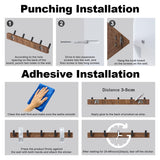 IURRDOP Black Walnut Wood Wall Mount Coat Rack with 5 Hooks, Adhesive Mounted Rustic Decorative Entryway Hooks, Mid Century Modern Natural Wooden Pegs for Hanging Coat Clothes Hat Bag Purse and Towel IURRDOP