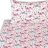 Scientific Sleep Butterfly Pink Flower 100% Cotton Cozy Fun Twin Bed Sheet Set, Flat Sheet & Fitted Sheet & Pillowcase Kids Boys Girls Bedding Set Scientific Sleep