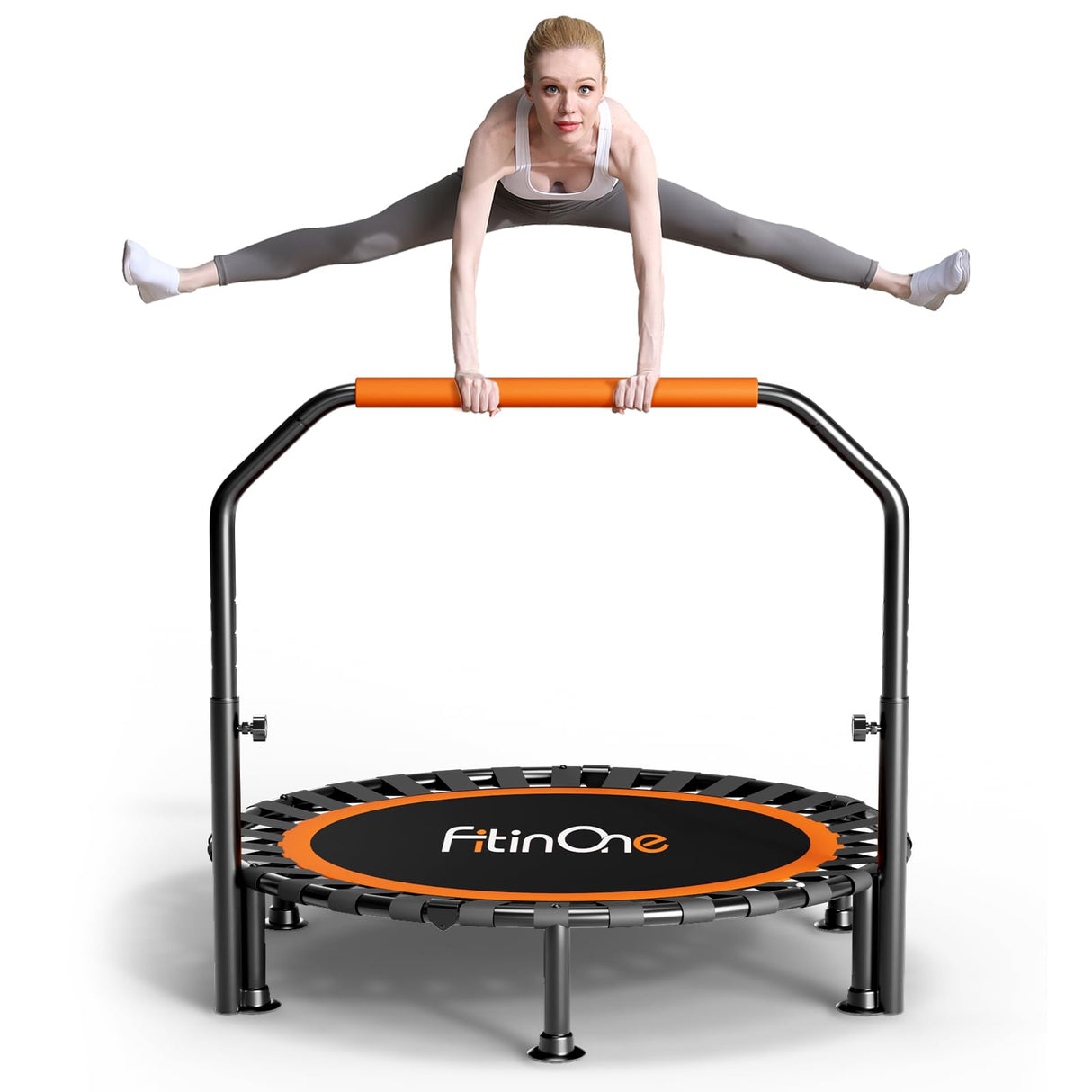40"/48" Foldable Mini Trampoline Load 330lbs,Portable Exercise Rebounder Trampoline with Adjustable Foam Handle,Fitness Trampoline for Adults (40 in with handrail) FitinOne