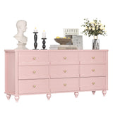 Cyclysio 9 Drawer Dresser, 63" Wide Modern Chest of Drawers TV Stand with Smooth Slides and Rustic Handles, Wood Drawer Organizer for Bedroom Living Room Hallway (Pink) Cyclysio
