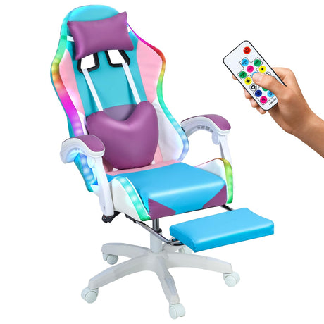 BESUFY Gaming Chair with LED Lights, Girl Video Chair, Ergonomic Computer Chair with Massage and Footrest, Heart Backrest, Height Adjustable Swivel Reclining Video Game Chairs for Adults Purple BESUFY