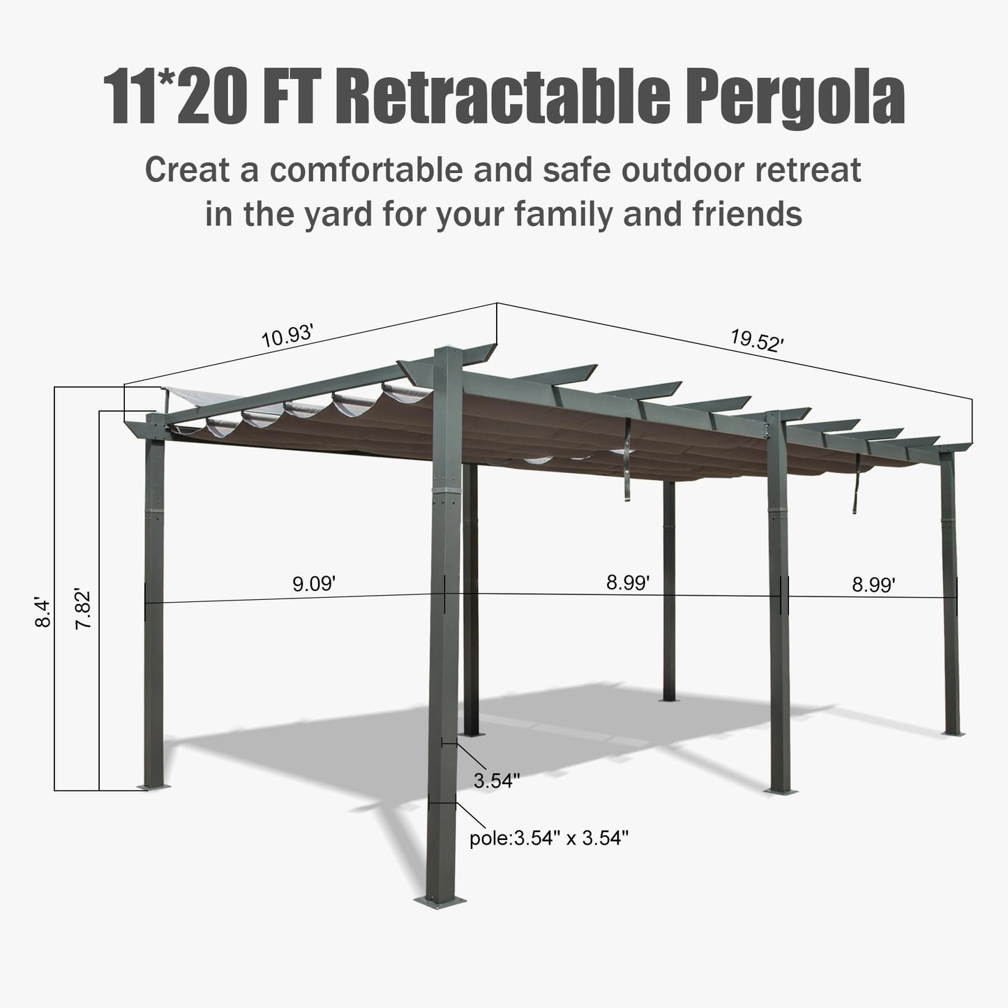 Domi Outdoor Living 11' X 20' Outdoor Pergola with Retractable Canopy Aluminum Shelter Sun Shade Grape Trellis for Patio, Backyard and Lawn, Gray