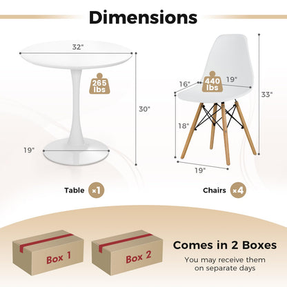 Tangkula Modern 5-Piece Round Dining Table Set for 4 with Solid Wood Legs in Bright White