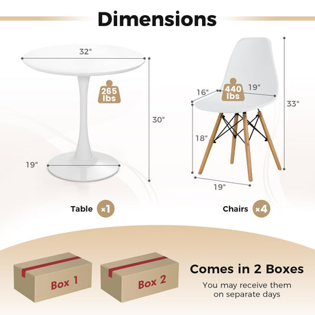 Tangkula Modern 5-Piece Round Dining Table Set for 4 with Solid Wood Legs in Bright White Tangkula