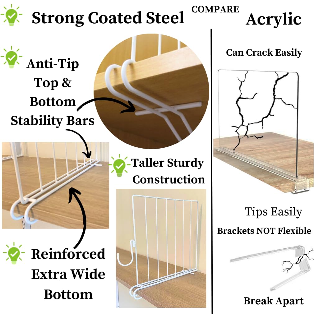 Evelots Shelf Dividers for Wood Shelf with New Patent Pending Removable Hooks, 8 Pack Closet Organizers and Storage for Clothes, Purse, Pantry - Solid Steel-12 Inch Shelf -Reinforced Wide Bottom Evelots