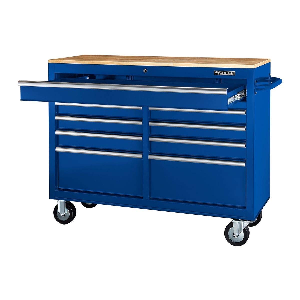 46 In. 9-Drawer Mobile Storage Cabinet With Solid Wood Top - Blue Workbench - WoodArtSupply