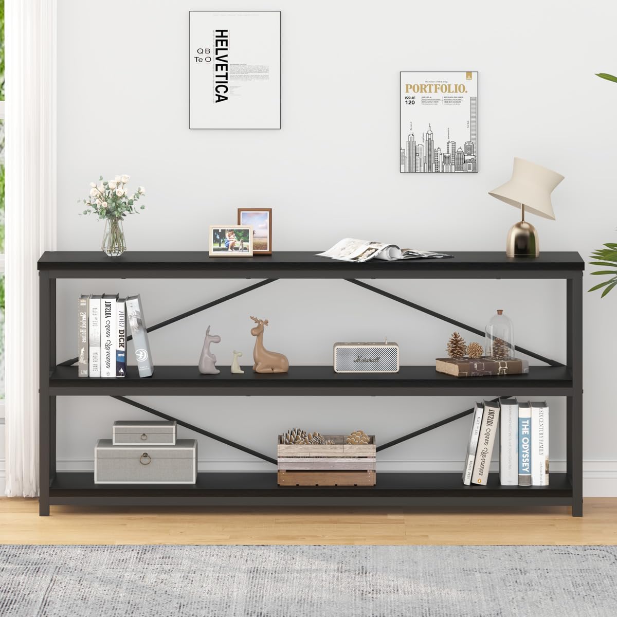 IBF 63" Black Oak Modern 3-Tier Low Horizontal Bookshelf - Stylish and Sturdy Etagere for Home and Office - WoodArtSupply