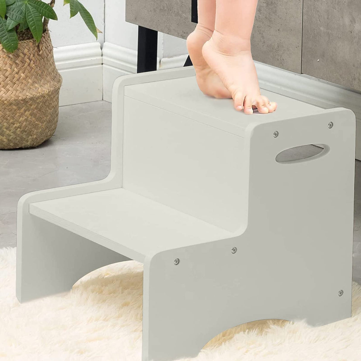 WOOD CITY Wooden Toddler Step Stool for Kids, Grey Two Step Children's Stool with Handles, Bonus Non-Slip Pads for Safety, Bathroom Potty Stool & Kitchen Step Stools Dual Height… WOOD CITY