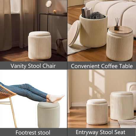 BLEXA Round Set of 2 Ottoman with Storage-Upholstered Velvet Vanity Stool for Makeup Multifunctional Ottomans Coffee Table Padded Seat Foot Rest for Living Room&Bedroom（White） BLEXA