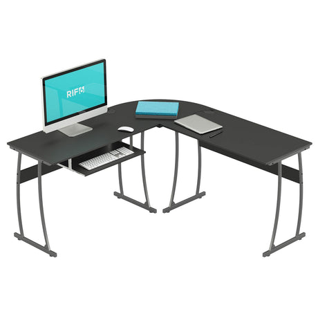 RIF6 L Shaped Modern Computer Home Office Gaming Desk with Keyboard Tray and Cable Management, Easy Assembly, Black RIF6