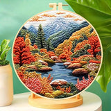 Zhenqing Lake Autumn Forest Embroidery Kit for Beginners, Pre-Printed 29x29cm Circular Cotton Fabric with 20cm Hoop, Fall Lakeside Landscape Design (C0193)