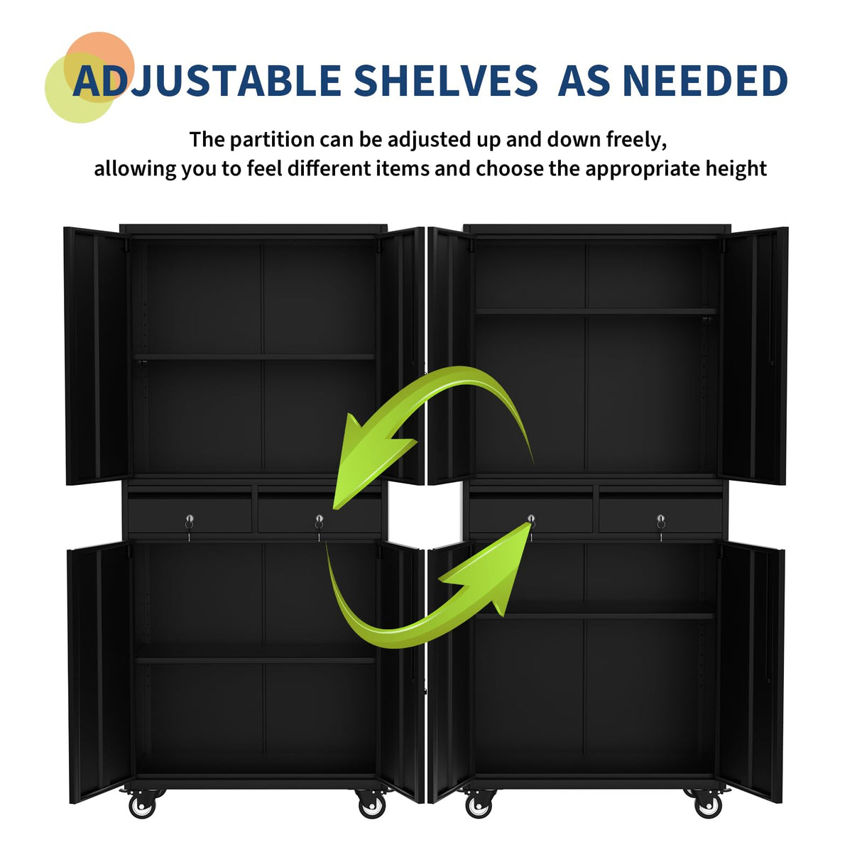 GarveeHome 72" Metal Storage Cabinet with Wheels, Locking Doors & 2 Drawers,Heavy Duty Rolling Garage Organizer with 3 Adjustable Shelves (with Wheels, with 2 Draws) GarveeHome