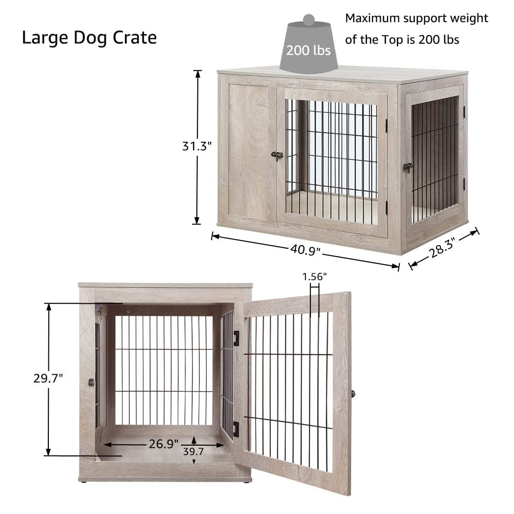 unipaws Furniture Style Dog Crate for Medium Large Dogs, Indoor Aesthetic Dog Stuff Kennel, Modern Decorative Wood Wire Pet House Dog Cage, Pretty Cute End Side Table Nightstand, Weathered Gr - WoodArtSupply