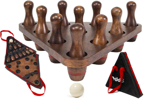 YDDS Shuffleboard Bowling Pin Set with 10 Pcs Premium Hardwood Bowling Pins Durabel Triangular Pinsetter Resin Bowling Ball and Carrying Bag, Fun for Shuffleboard Games YDDS