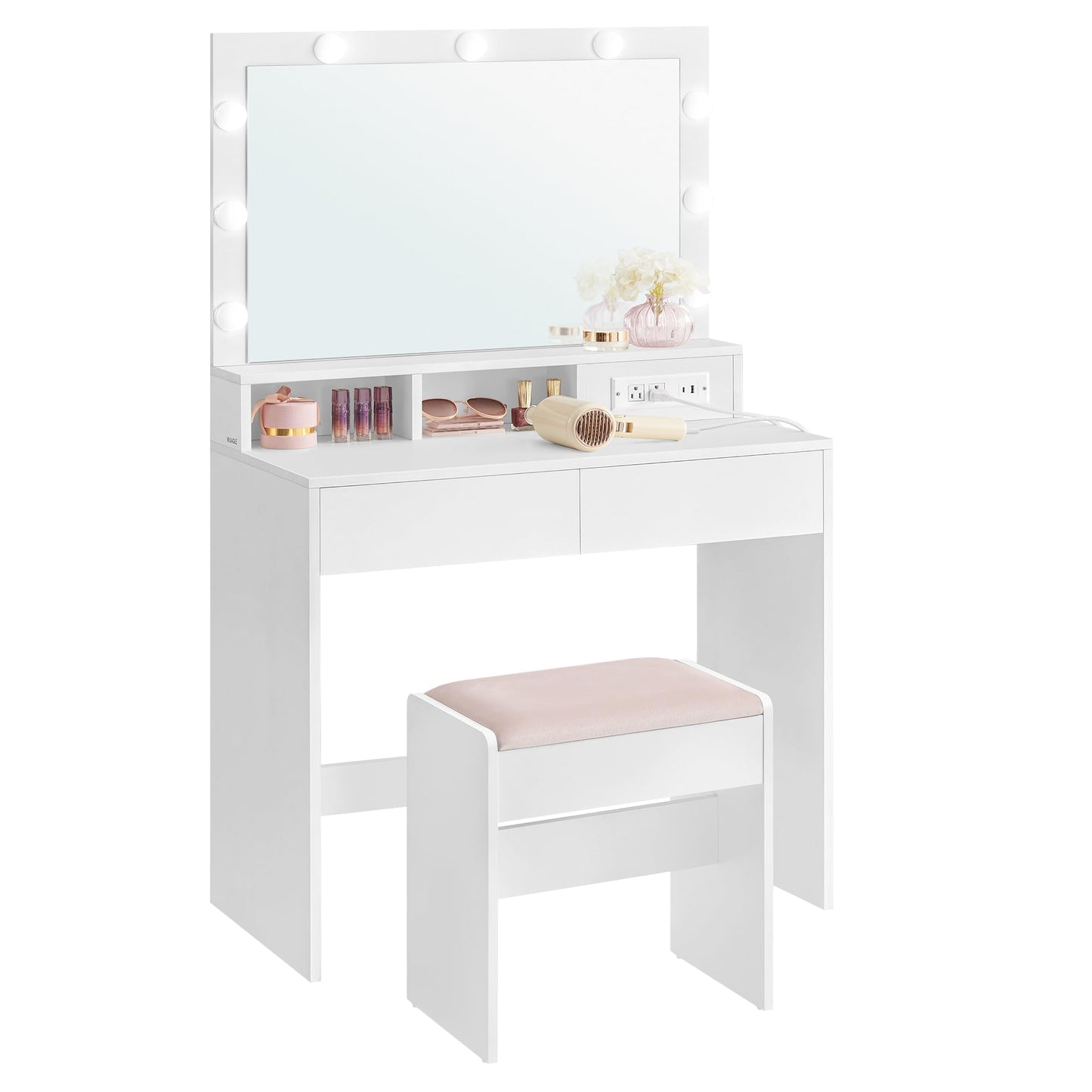 VASAGLE Vanity Desk with Power Outlets, Makeup Vanity with Mirror and Lights, with Upholstered Vanity Stool, 9 Dimmable LED Lights, 2 Compartments, 2 Drawers, for Bedroom, Cloud White URDT029 - WoodArtSupply